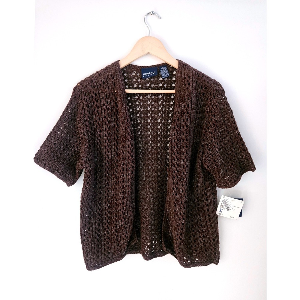 Liz Claiborne Cardigan Women XL Brown NEW Open Knit Crochet Short Sleeve Sweater